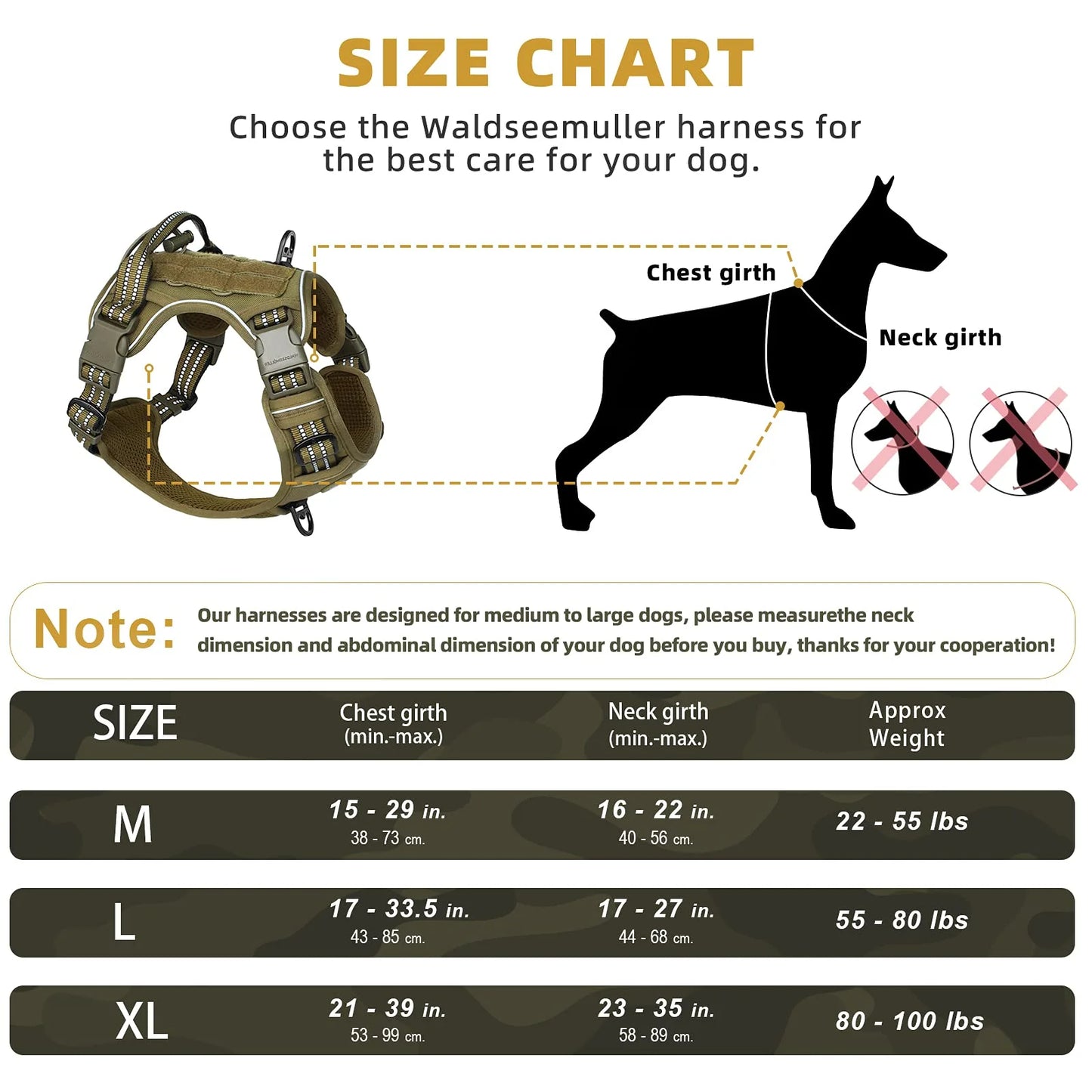 dimension du harnais de M à XL pour chien