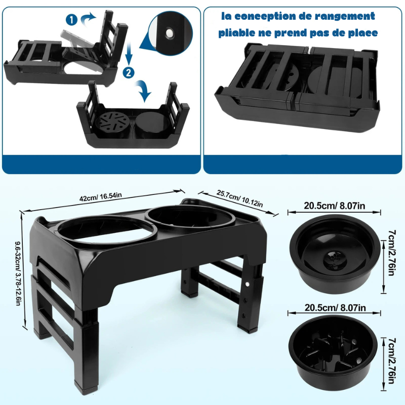 Dimension total de la gamelle double anti-glouton et d'eau avec un réglage total et pliable. Image produit Boutiquechien