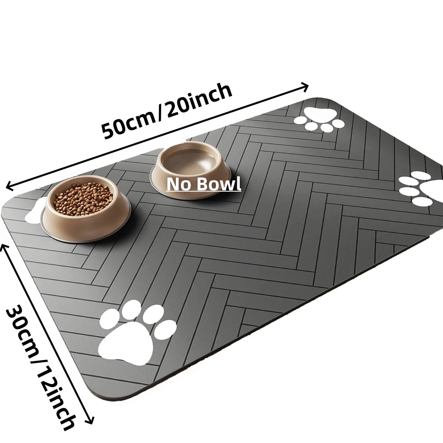 Tapis pour gamelle de couleur noir avec 4 formes de pattes de chaque côté du tapis gamelle. Le tapis gamelle chien est de couleur gris et il est posé dans un salon de couleur claire. Image produit Boutiquechien