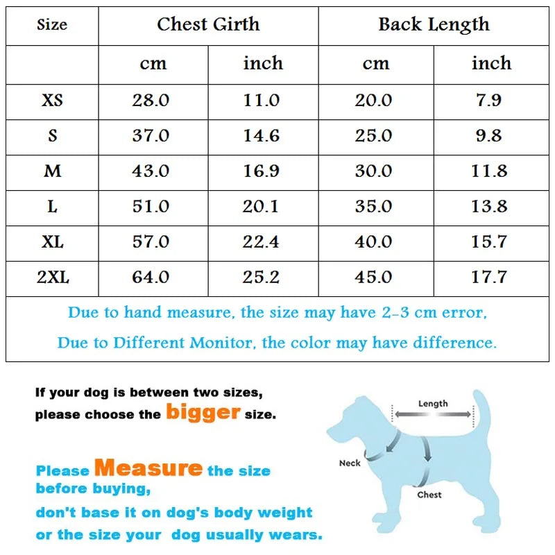 Dimensions total en tableau pour la veste Chihuahua de boutiquechien