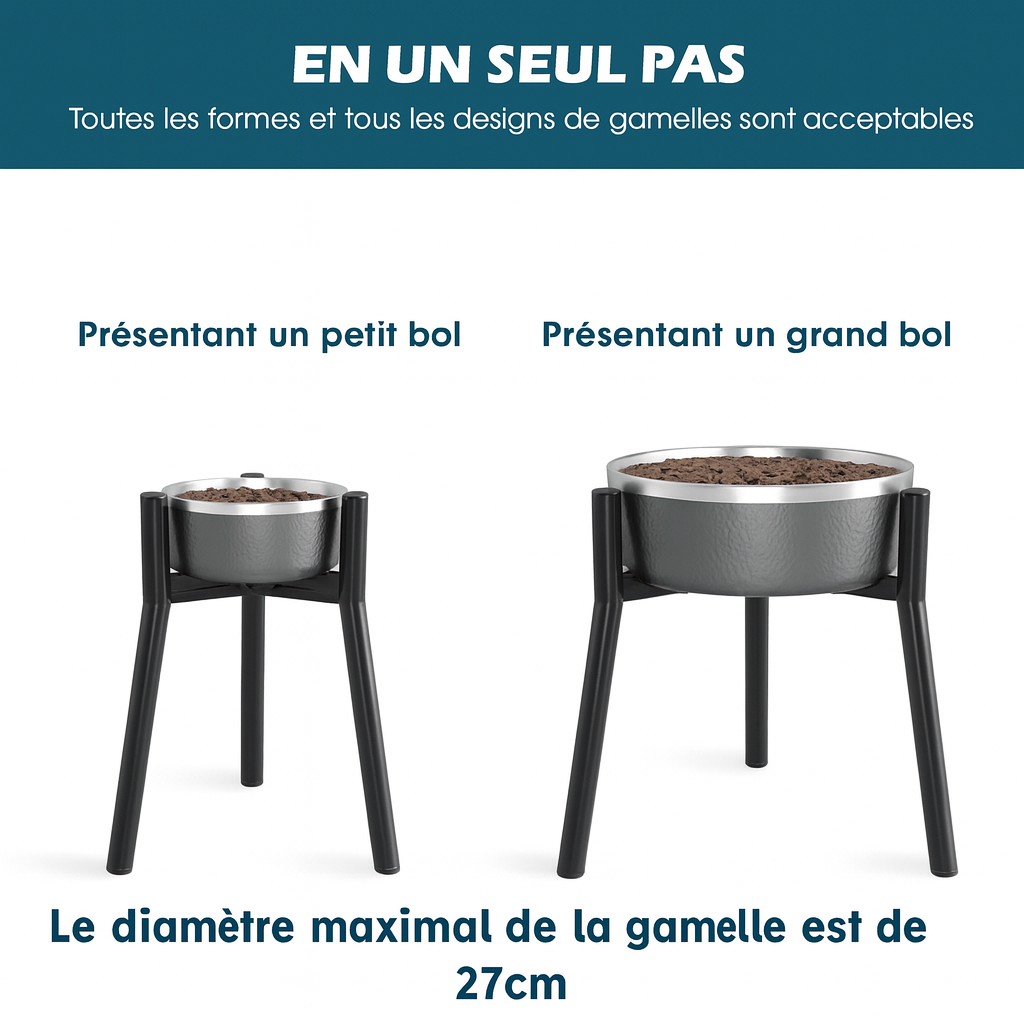 Dimensions du support de gamelle de couleur noir avec deux gamelles. Image produit Boutiquechien