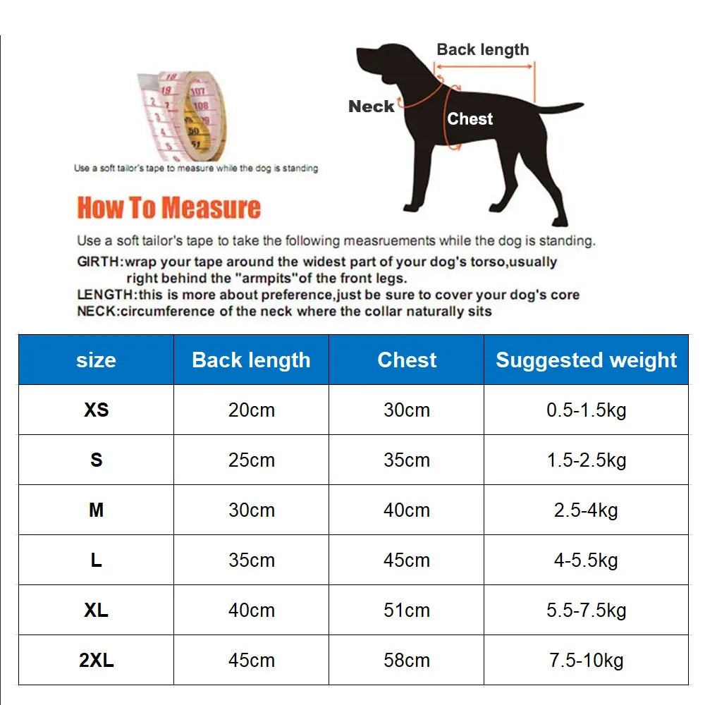 Dimension total de l'imper pour chien en forme d'abeille avec toutes les tailles dans un tableau. Image produit Boutiquechien