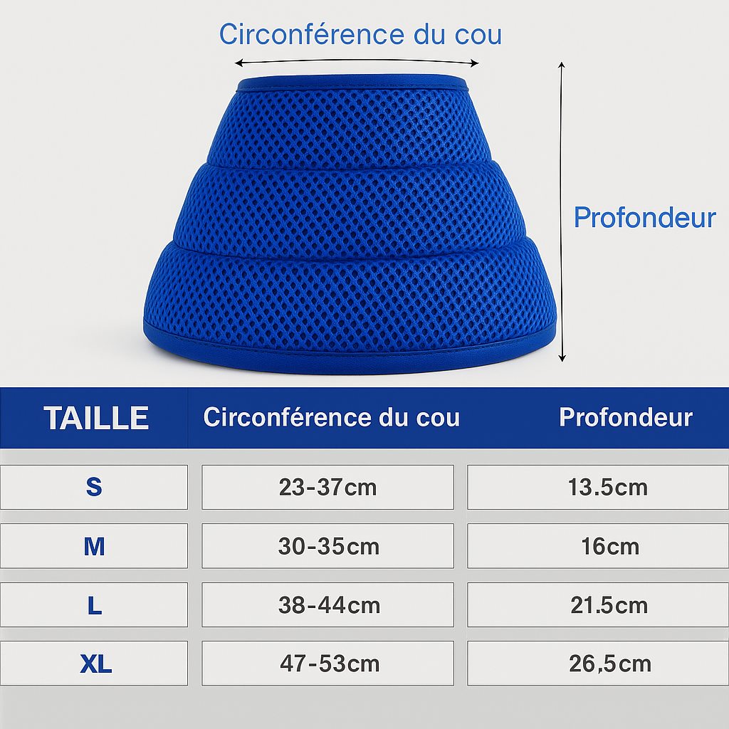 Dimensions total en tableau de la collerette pour chien bleu de boutiquechien