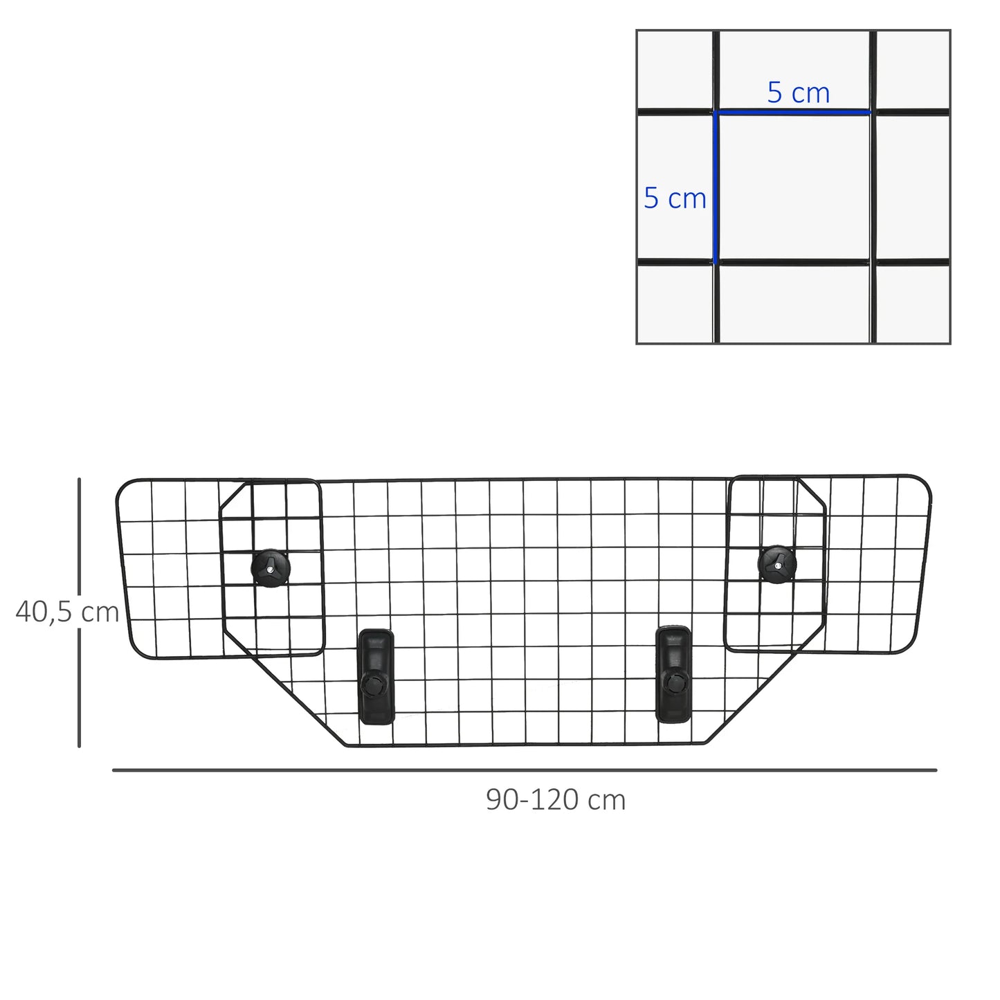 toutes les dimensions de la protection de coffre de couleur noir avec une taille de 120cm de long et 40,5cm de haut avec des carrés de 5cm. Image produit Boutiquechien