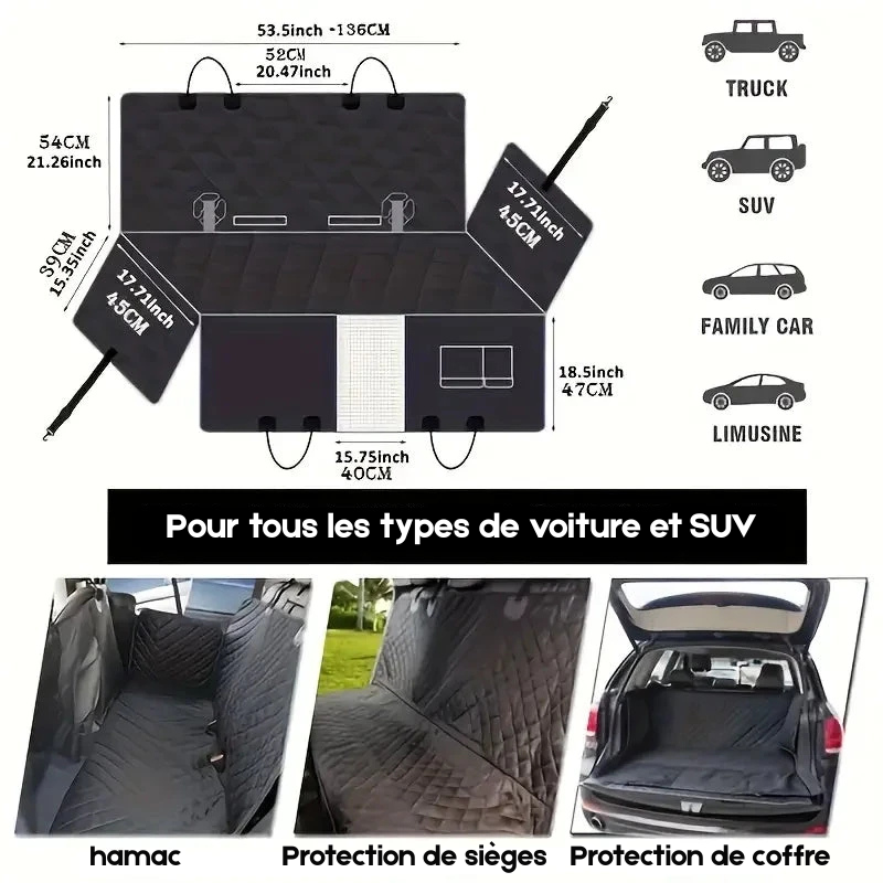 dimension total de la protection de siège et coffre de voiture. Image produit Boutiquechien