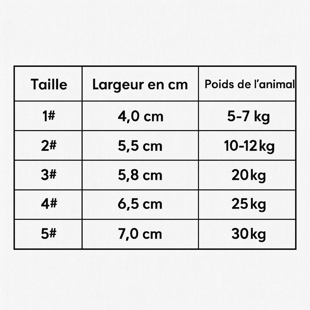 Tableau des tailles pour les bottes pour chiens durable de boutiquechien