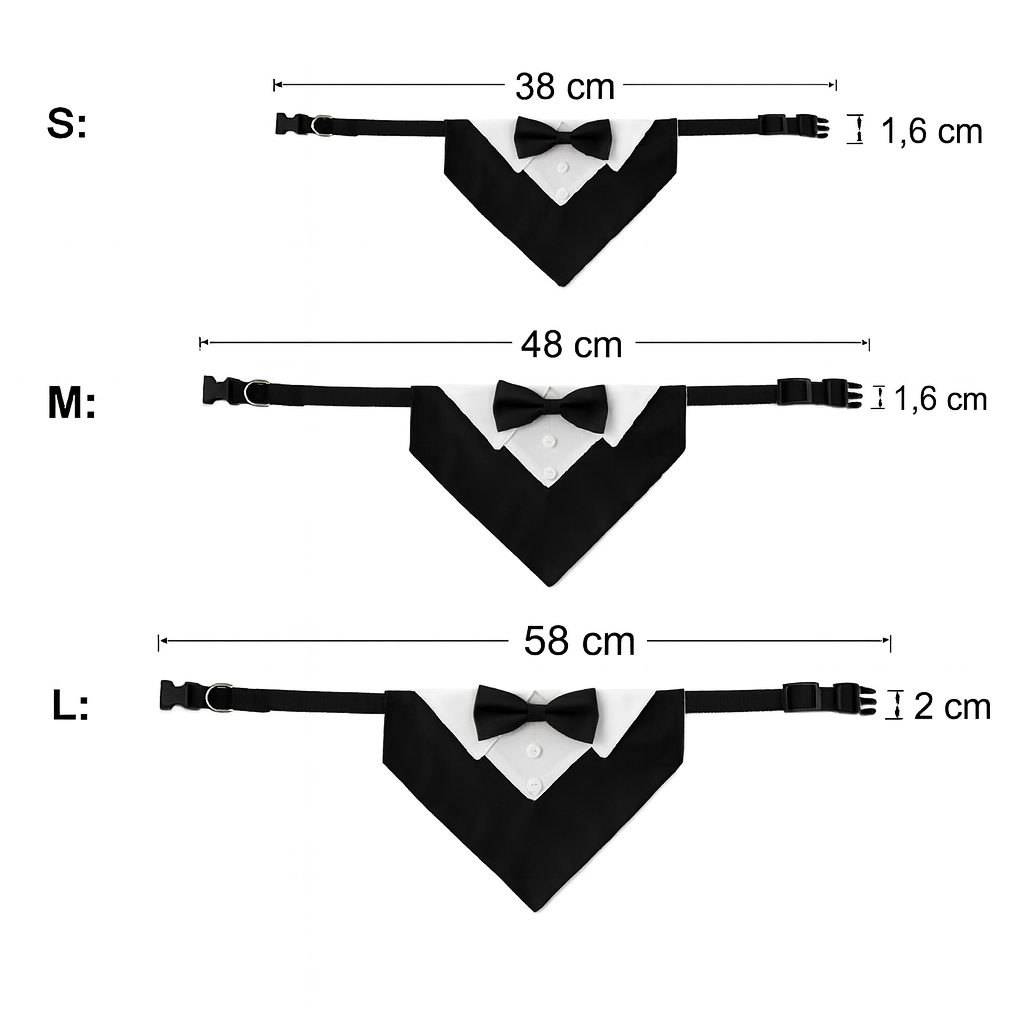 dimensions total du bandana design pour chien de couleur noir et blanc. Image produit Boutiquechien