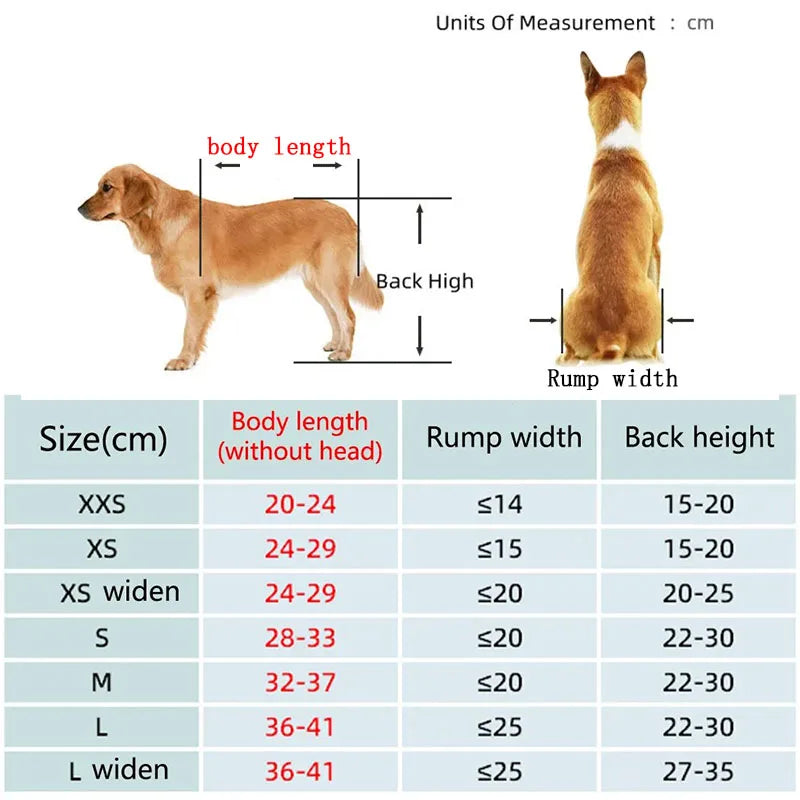 Dimensions total du chariot de marche pour chien handicapé avec un tableau de des tailles. Image produit Boutiquechien