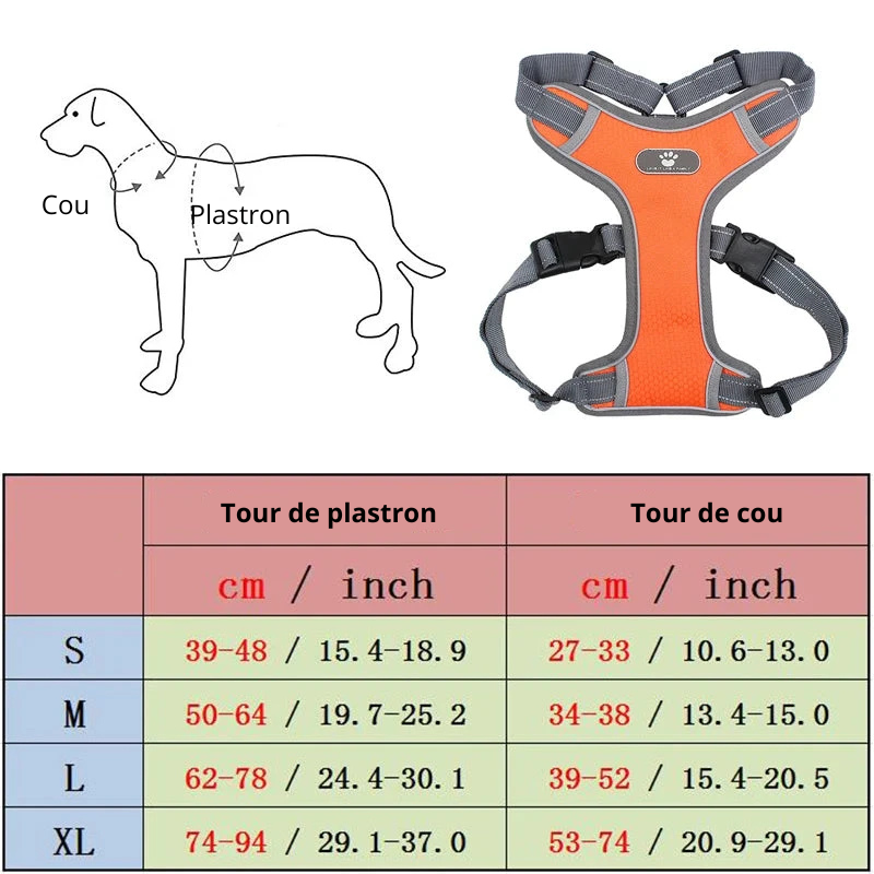 Dimension total du harnais pour chien résistant et durable pour les grands chiens. Image produit Boutiquechien