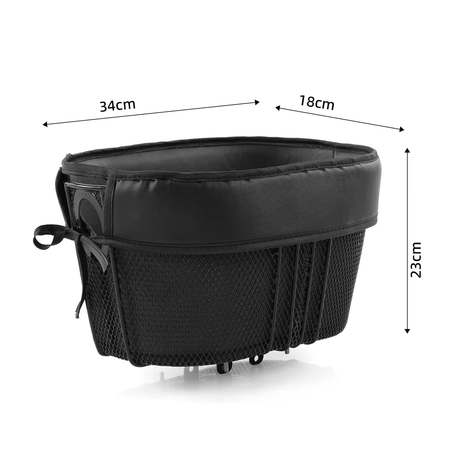 panier à vélo de couleur noir avec toutes les dimensions du panier à vélo pour les chiens. Le produit fait 23cm de haut sur 34cm de long. Image produit Boutiquechien