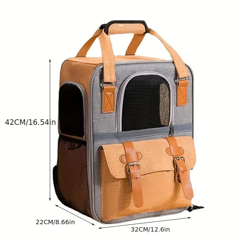 total des dimensions du sac de transport pour chien de couleur brun et gris avec toutes les tailles. Imager produit Boutiquechien
