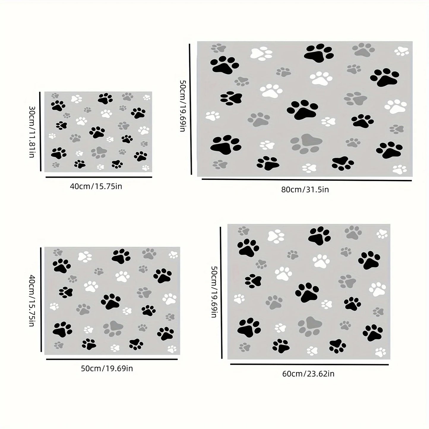 dimension total du tapis gamelle absorbant de couleur gris avec des pattes dessus. Image produit Boutiquechien