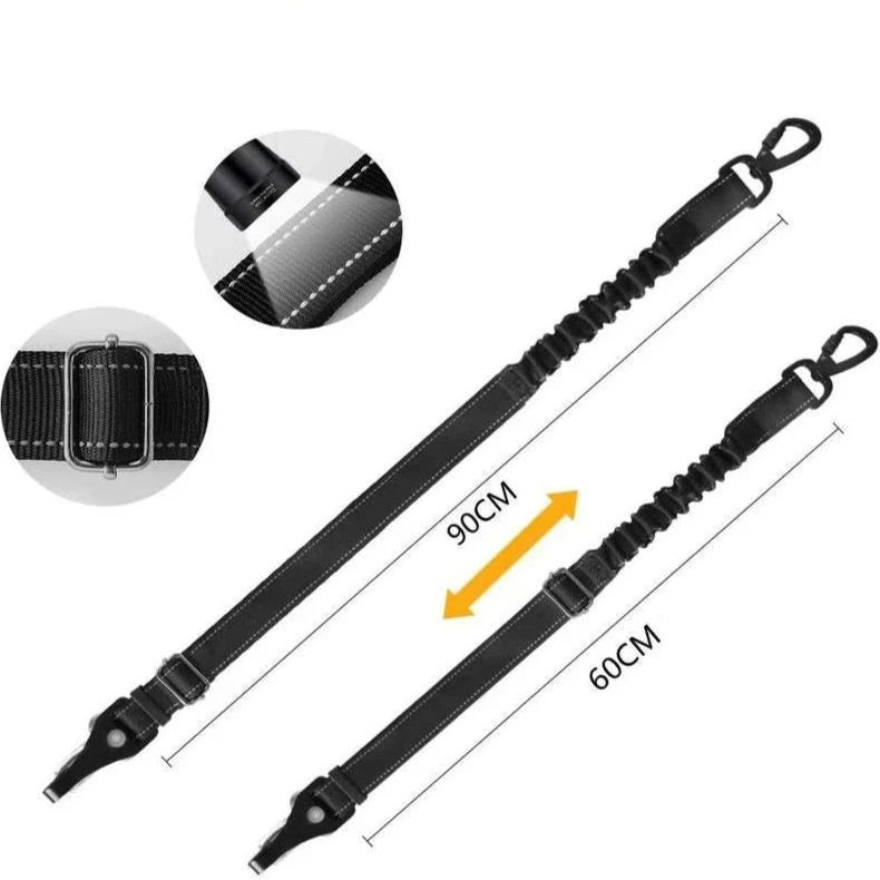Dimension total de la ceinture de sécurité pour chien de couleur noir avec un réglage facile. La laisse est réfléchissante pour bien voir son chien. Image produit Boutiquechien