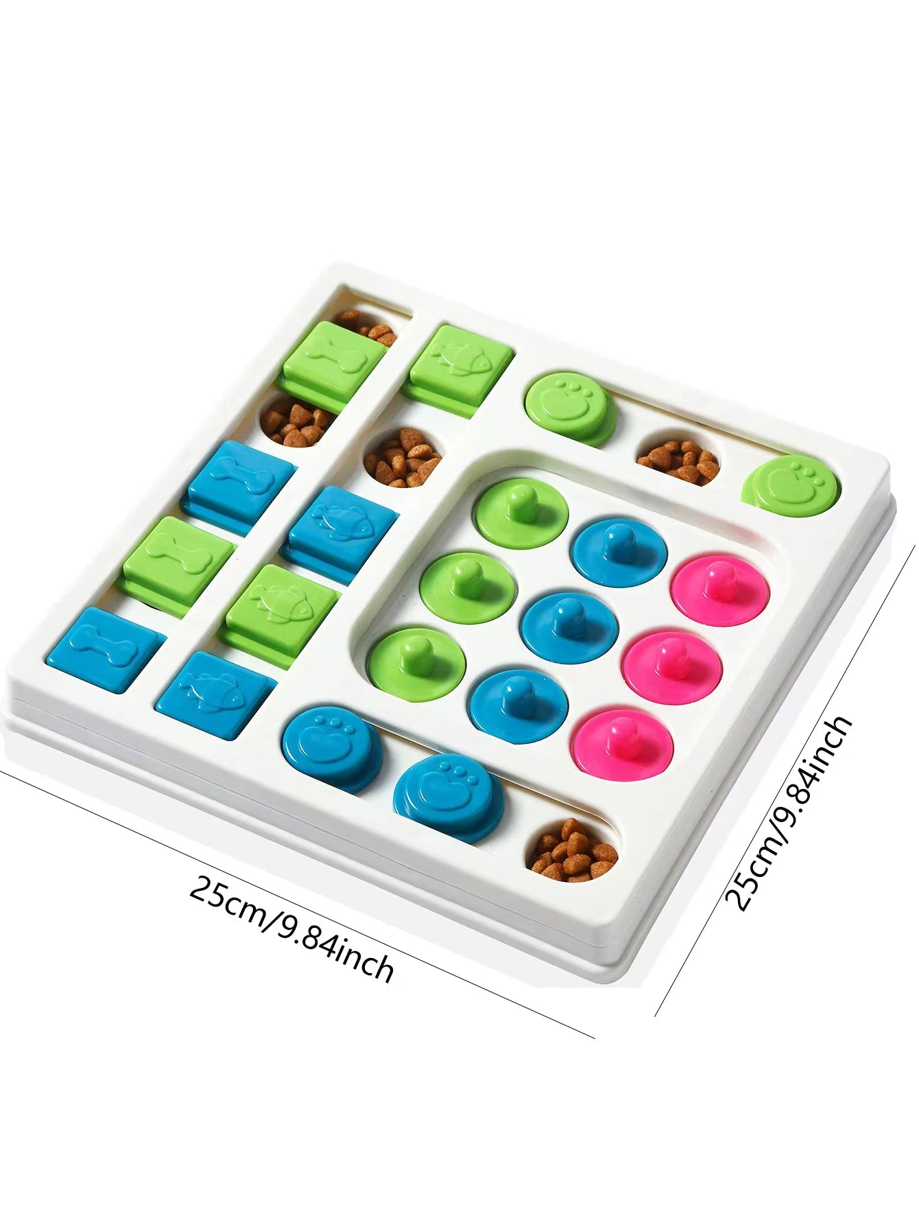 Total des dimensions du puzzle pour chien de couleur blanc et colorer avec des friandises. Image produit Boutiquechien