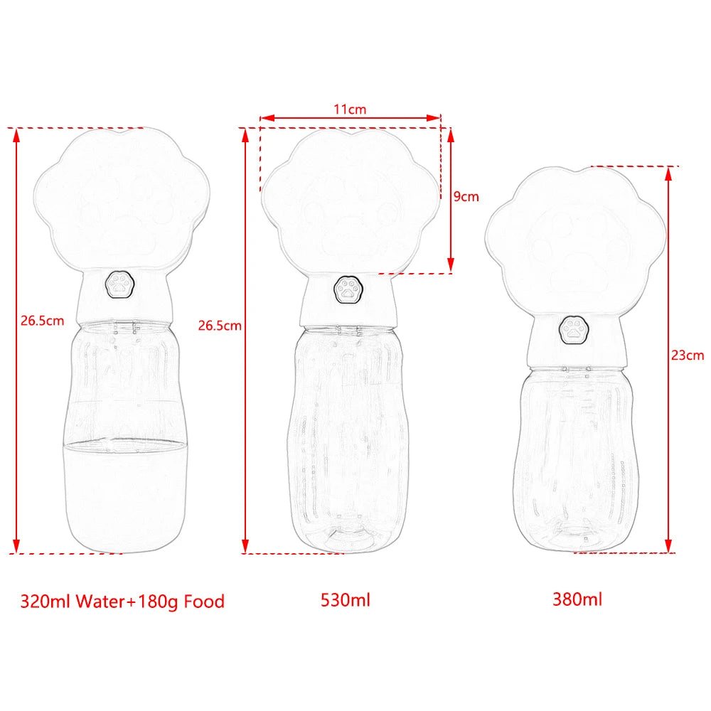 Dimension total de la gourde pour chien en forme de patte avec toutes les dimensions. Image produit Boutiquechien