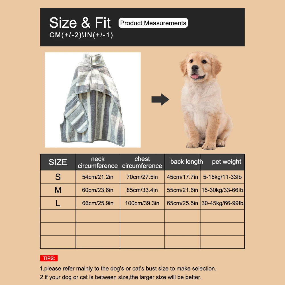 Dimensions total du peignoir pour chien dans un tableau. Image produit Boutiquechien