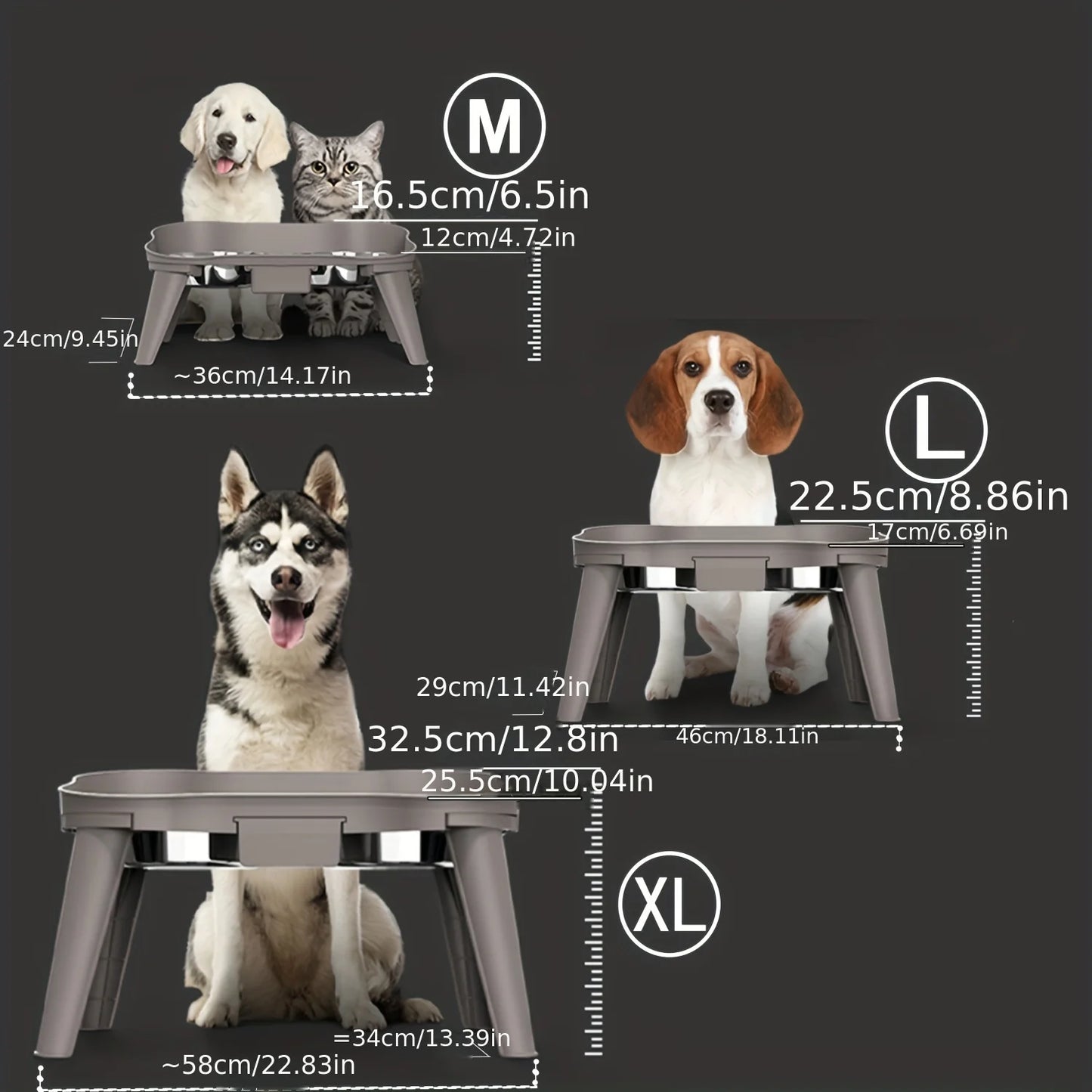 Dimension total de la gamelle double sureleve pour chien de couleur gris. Image produit Boutiquechien