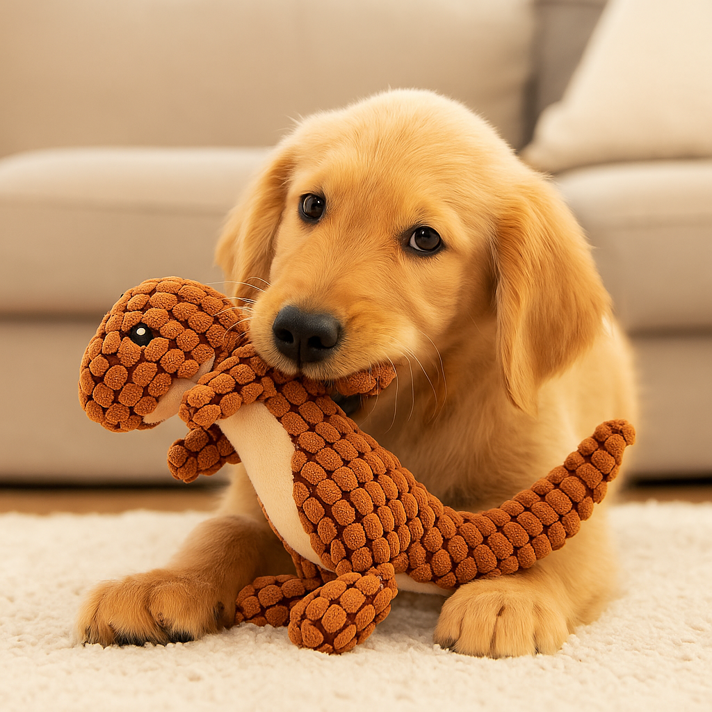 Golden retriever de couleur blanc qui joue avec une peluche dinosaure de couleur orange. Image produit Boutiquechien