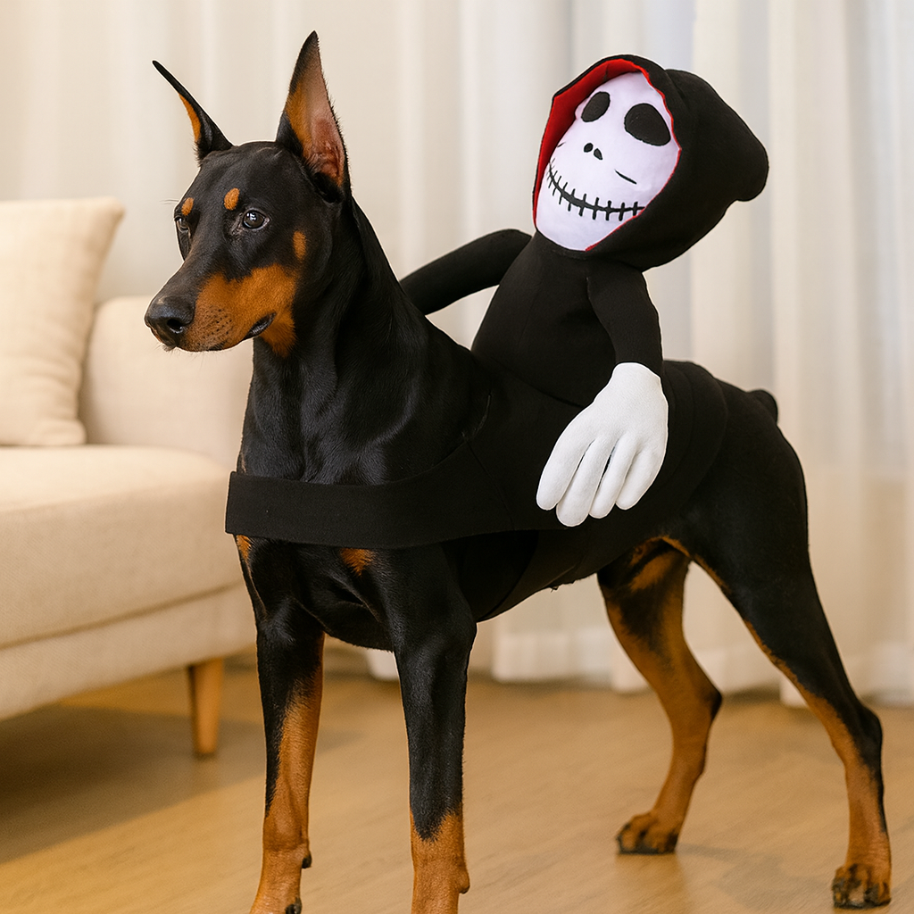 Doberman de couleur noir et brun avec un déguisement de la faucheuse de couleur noir et blanc. Le chien est dans un salon de couleur claire près d'un canapé blanc. Image produit Boutiquechien