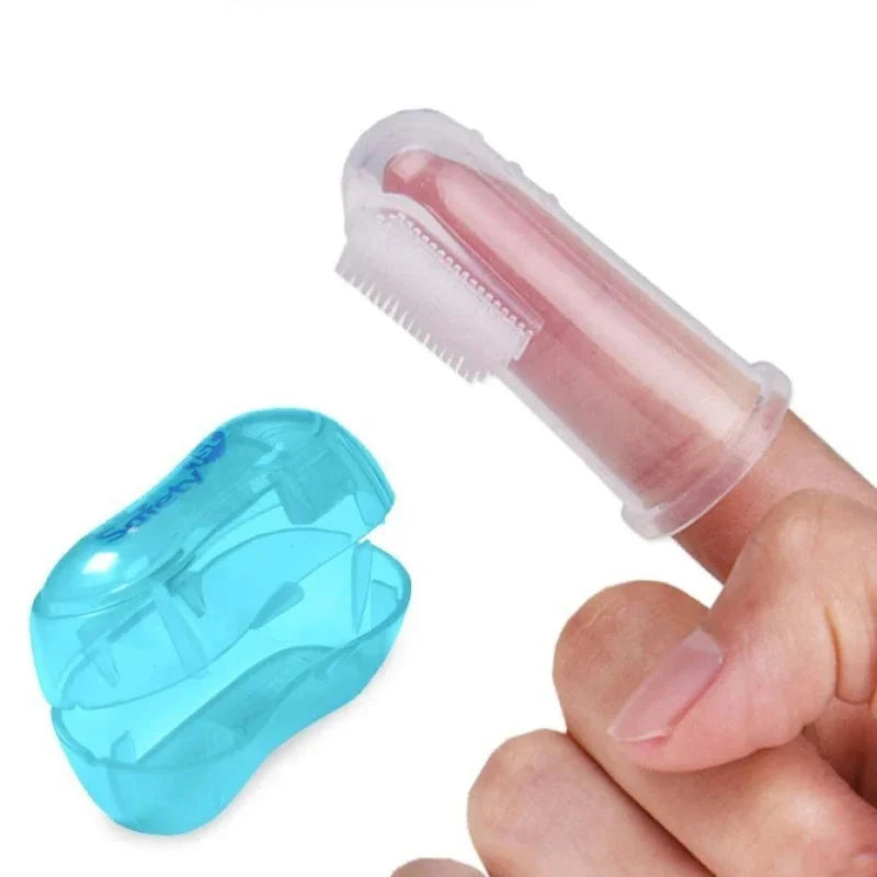 Doigt brosse a dent transparent avec boite de protection de couleur bleu. Image produit Boutiquechien