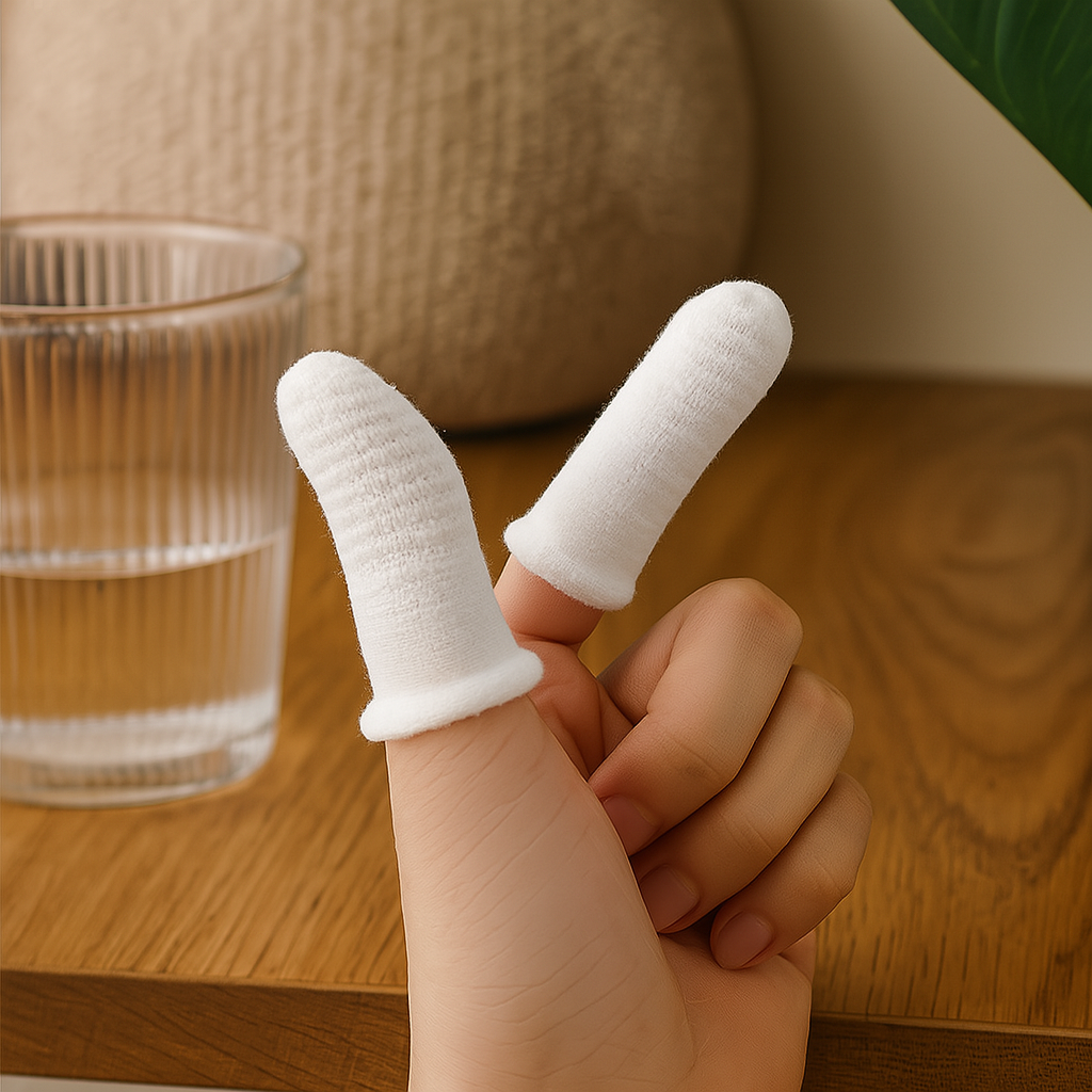doigt brosse a dent de couleur blanc sur une main de couleur blanche. En fond il y a une plante verte et un verre d'eau. Image produit Boutiquechien