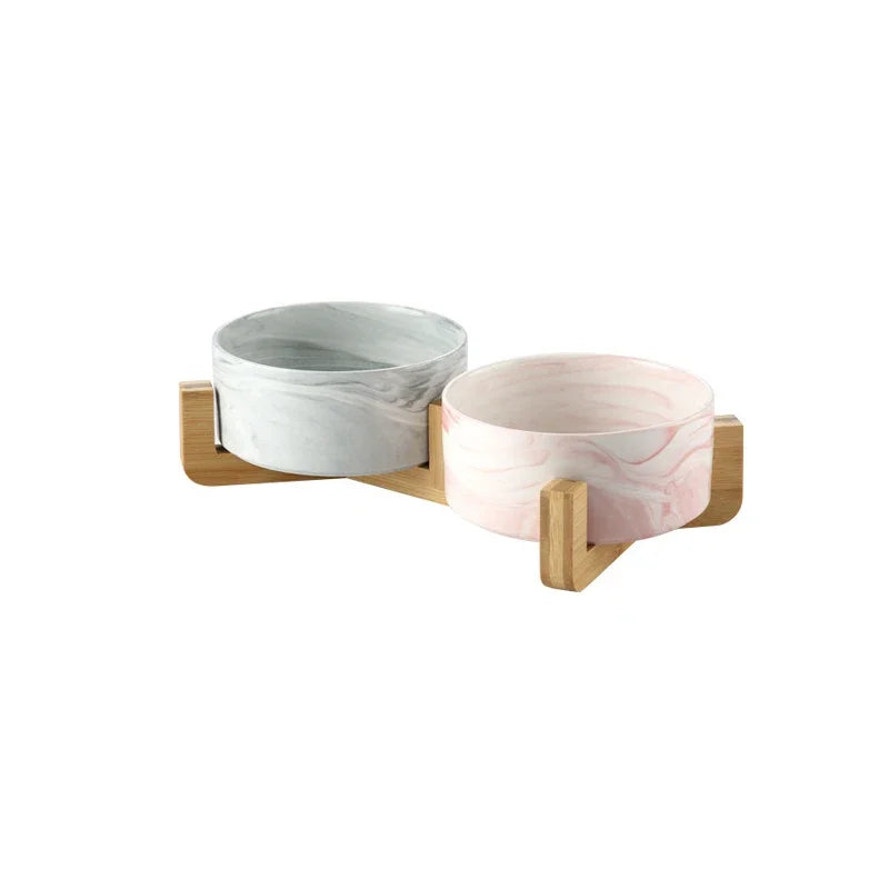 double gamelle pour chien rose et grise en bois. Image produit Boutiquechien