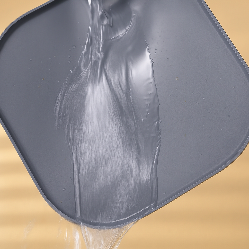 tapis de protection de gamelle de couleur gris avec de l'eau qui coule dessus dans un fond claire. Image produit Boutiquechien