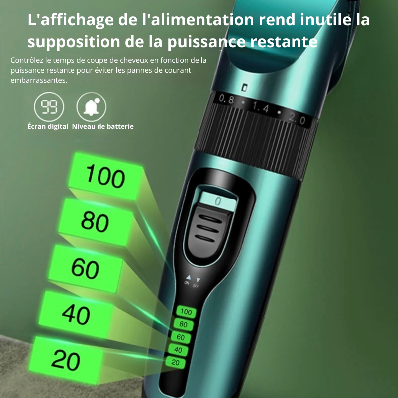 Ecran de contrôle de la batterie de la tondeuse pour chien de couleur verte. Image produit Boutiquechien