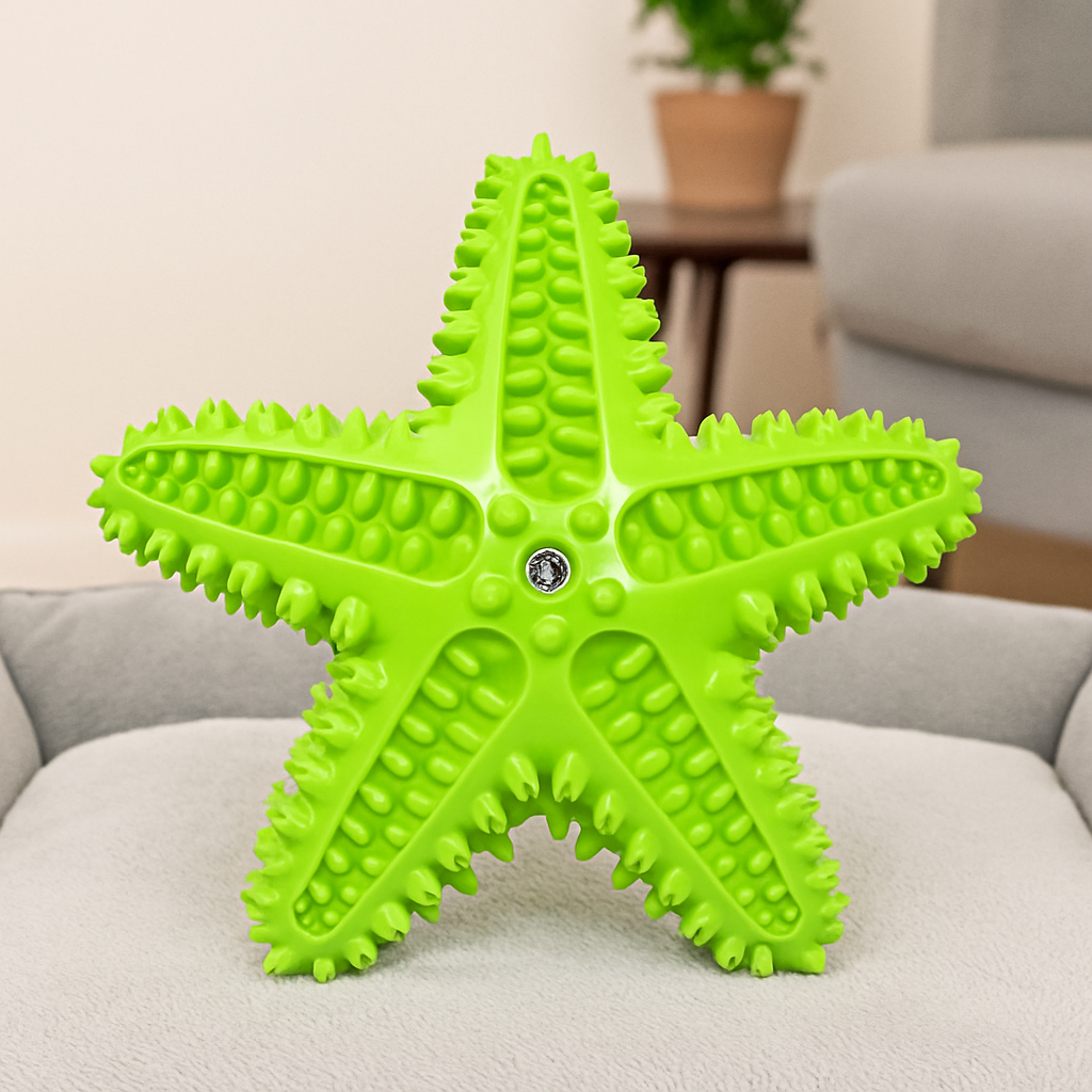 étoile en caoutchouc de couleur vert posé sur un panier chien de couleur gris. En fond il y a un canapé de couleur gris avec une plante verte. Image produit Boutiquechien