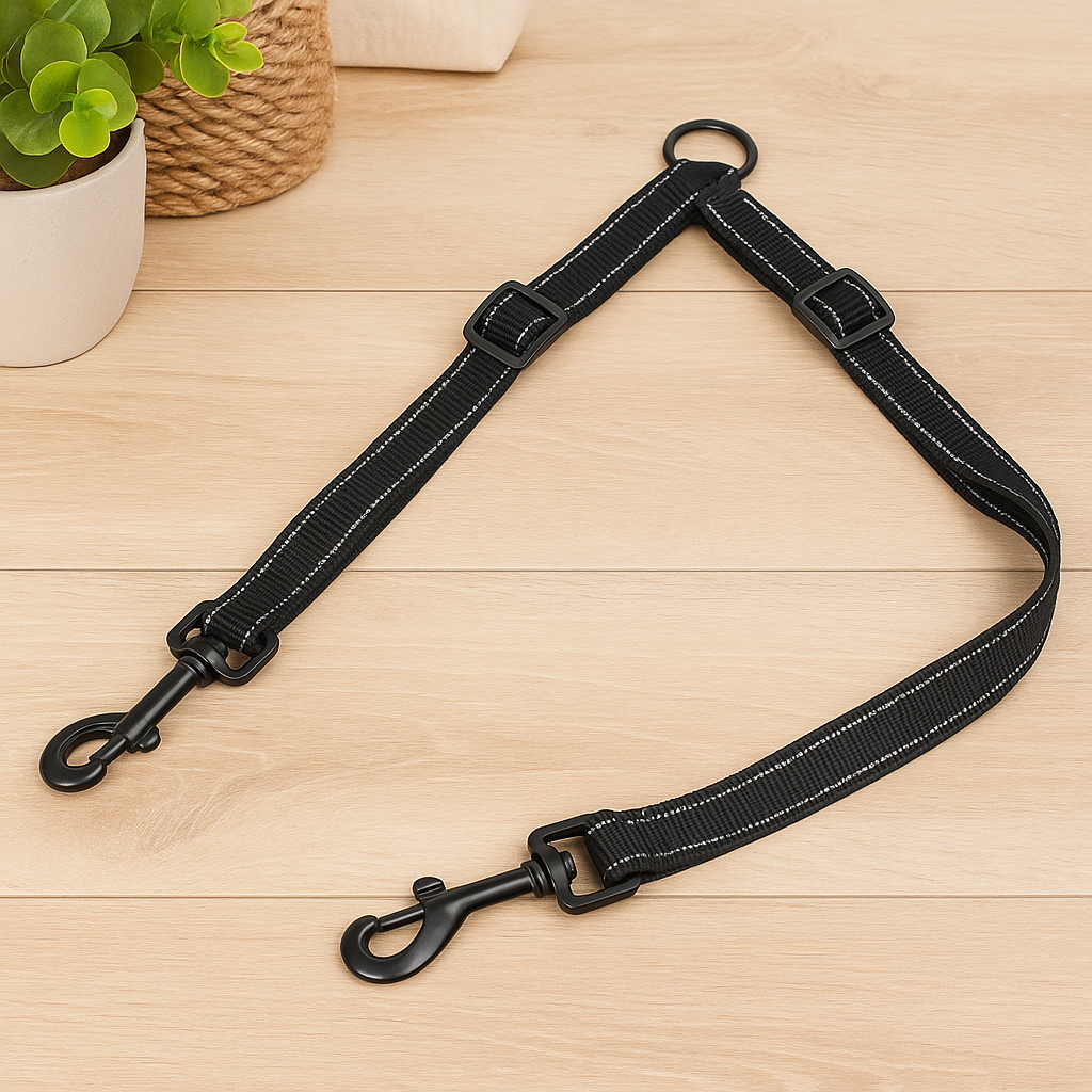 Extension double de laisse de couleur noir réfléchissant posé par terre de couleur claire avec en fond des plantes vertes. Image produit Boutiquechien
