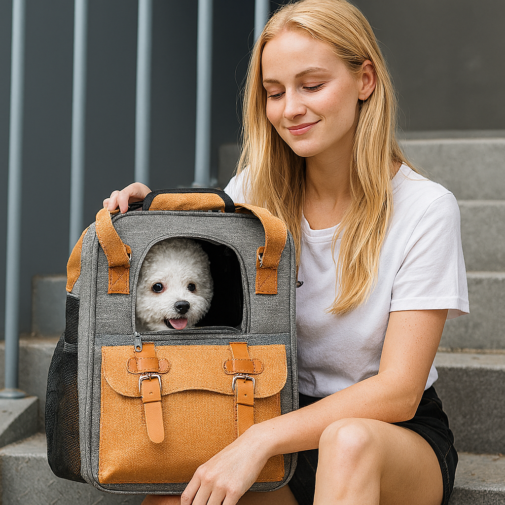 femme blonde assis sur des marches grise. La femme tient le sac de transport pour chien de couleur gris et brun. Image produit Boutiquechien
