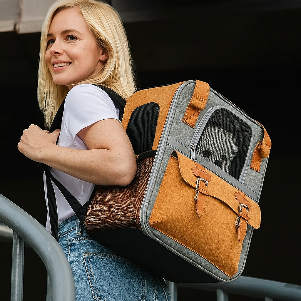 femme blonde portant un sac pour chien de transport de couleur brun et gris. Le sac possède un chien blanc dedans. Image produit Boutiquechien