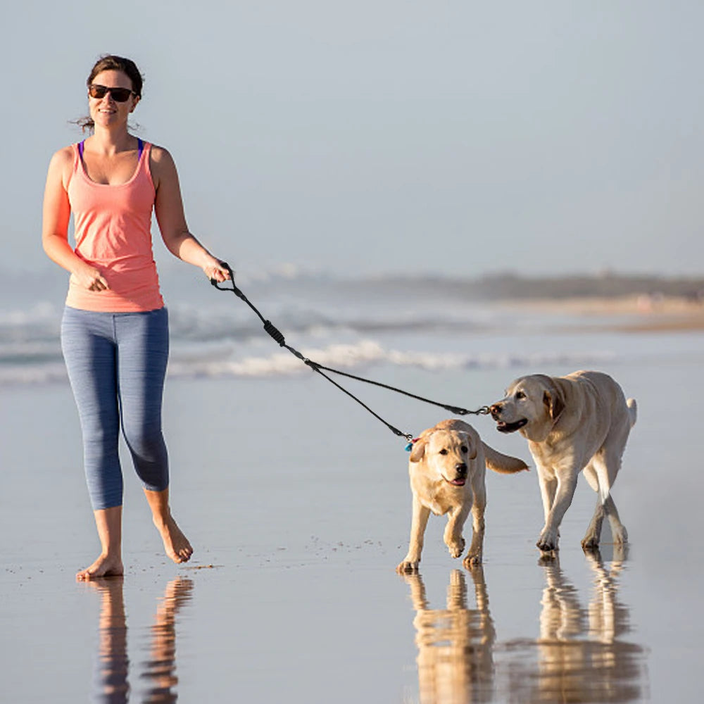 Femme habillé en débardeur rose promenant ses chiens à la plage. C'est deux chiens de couleurs blanc. Image produit Boutiquechien
