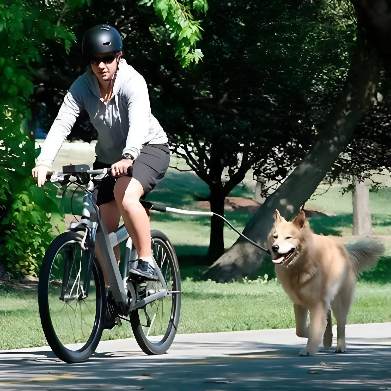 Femme promenant son chien à vélo de couleur claire avec un chien de couleur blanc. Image produit Boutiquechien