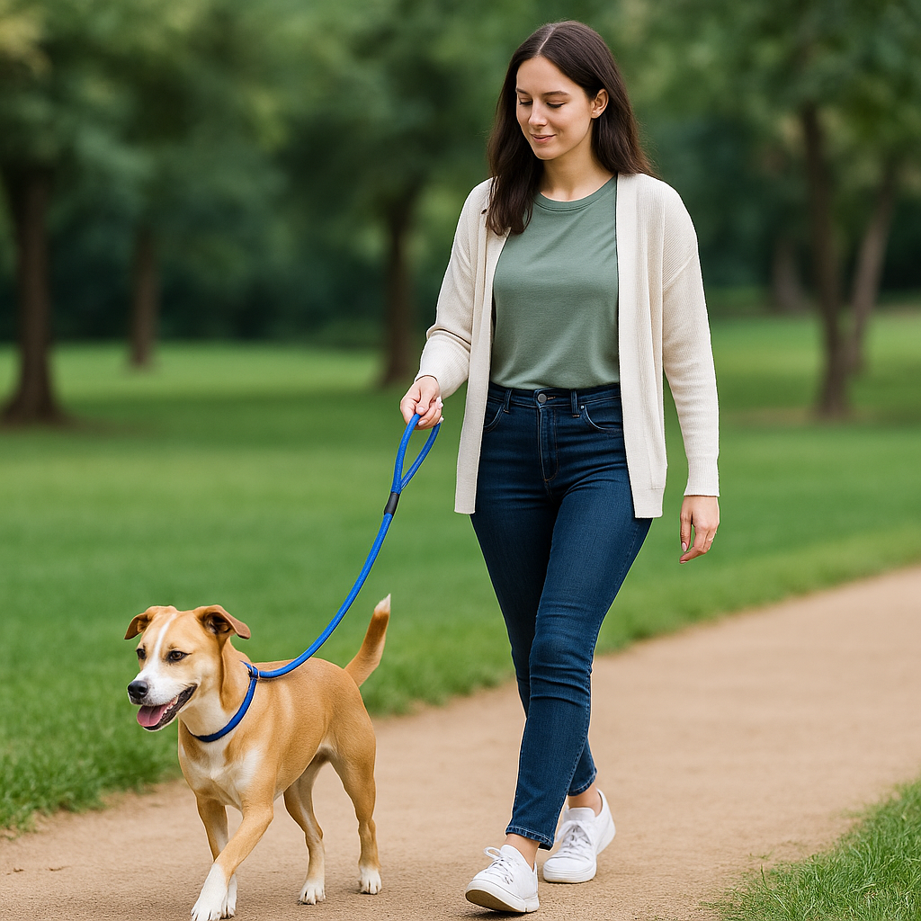 Femme habillé sobrement promenant un chien dans un parc verdoyant. Le chien marche sur le santier avec une laisse lasso bleu autour du cou. Image produit Boutiquechien