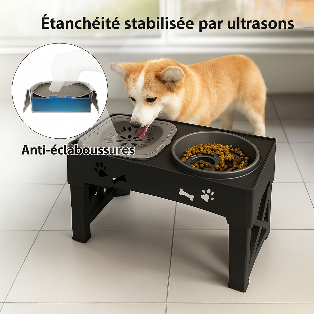 fonctionnement de la gamelle d'eau ajustable en hauteur de couleur noir. Un chien de couleur claire mange dans la gamelle. Image produit Boutiquechien