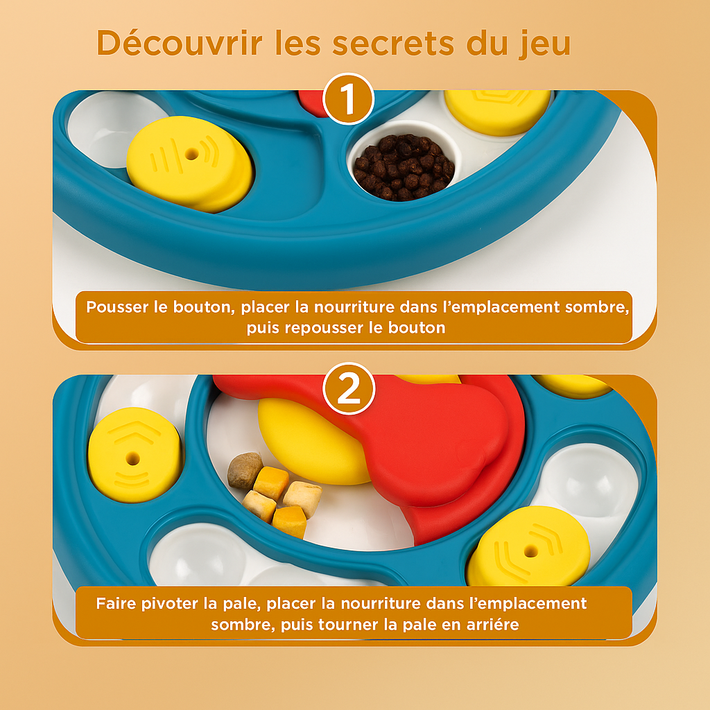 Fonctionnement du puzzle pour chien de couleur bleu avec des trou jaune. Image produit Boutiquechien