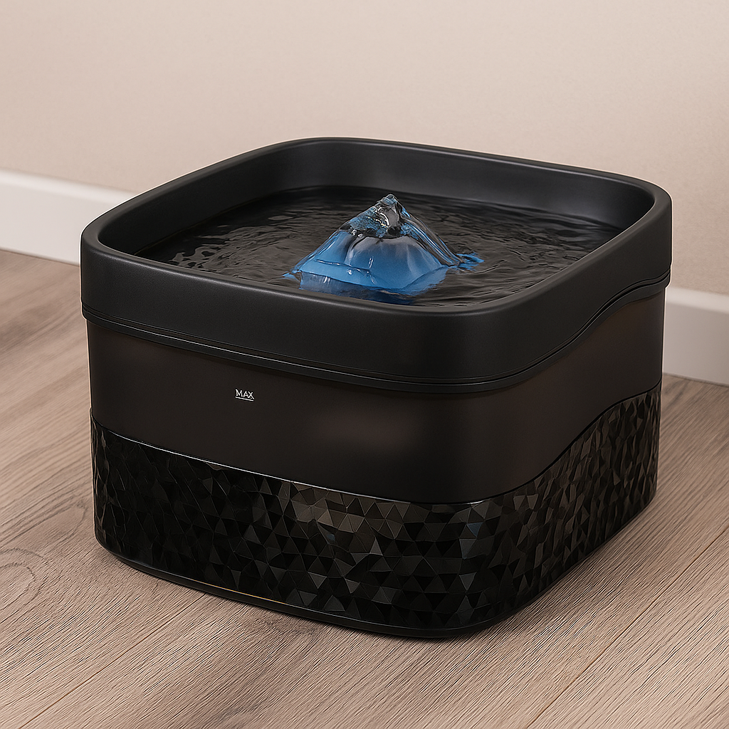 fontaine d'eau pour chien découpeur noir posé dans une pièce claire avec en fond un mur blanc Image produit Boutiquechien