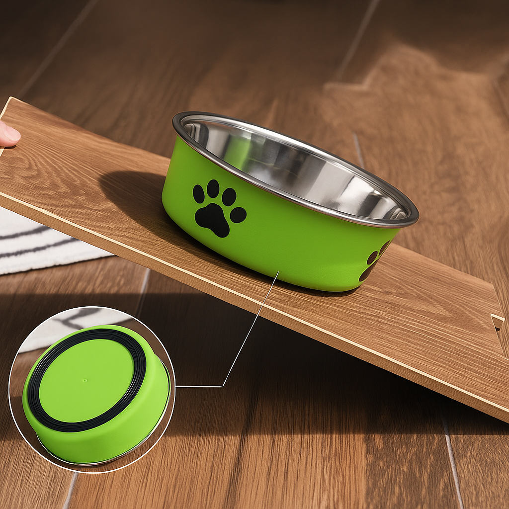 Gamelle verte en inox avec un support anti-dérapant. Le produit est posé sur une planche et montre qu'il est maintenu. Image produit Boutiquechien