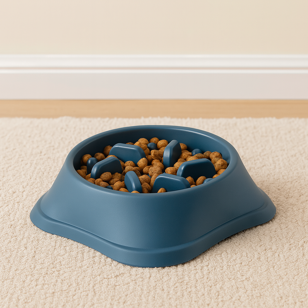 Gamelle pour chien anti-glouton de couleur bleu foncé dans un salon de couleur claire. Image produit Boutiquechien