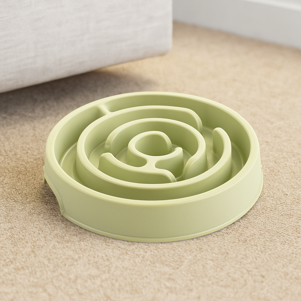 Gamelle anti glouton pour chien de couleur vert posé sur un sol de couleur claire. Image produit Boutiquechien