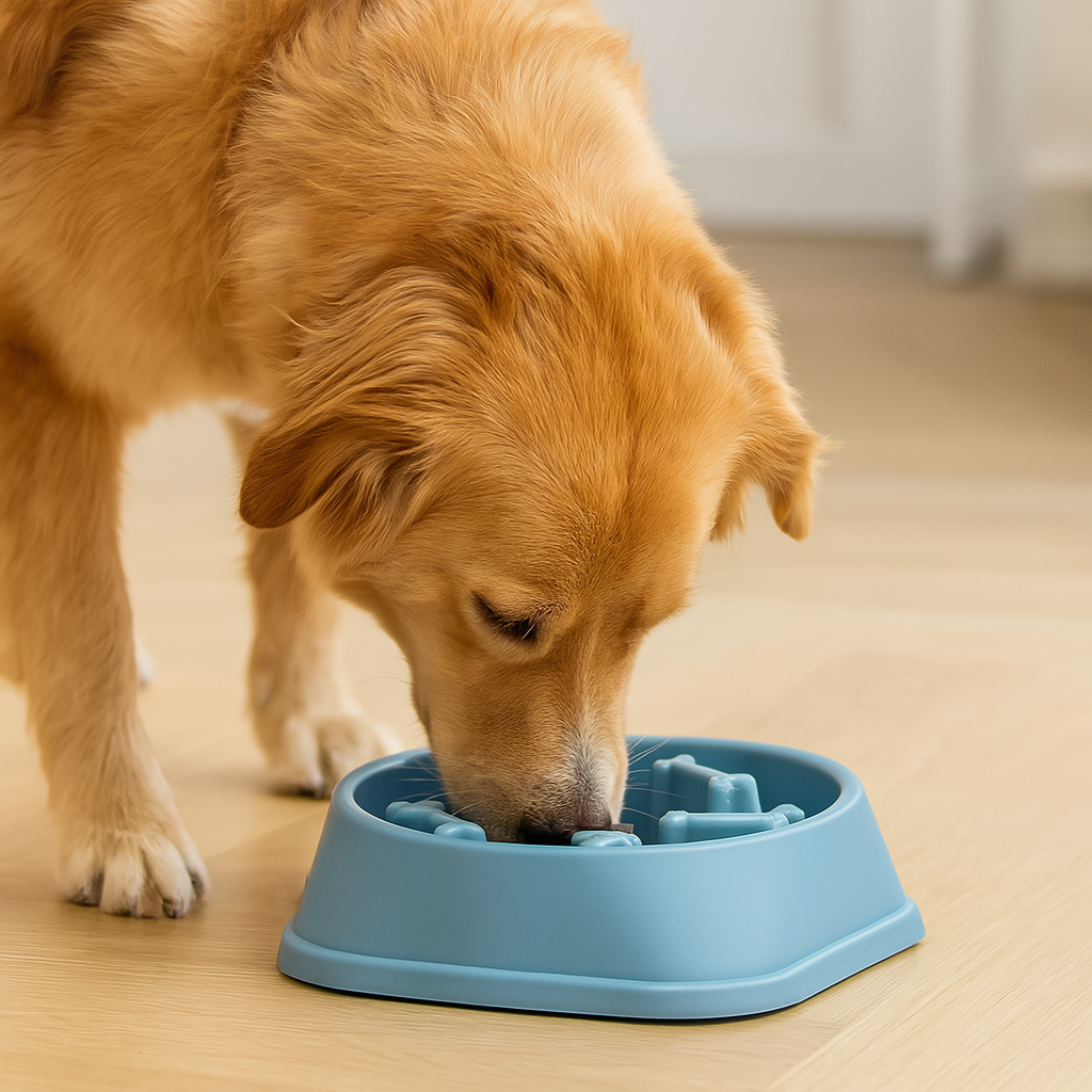 gamelle pour chien anti glouton de couleur bleu avec un chien roux mangeant dans la gamelle anti-glouton pour chien. Image produit Boutiquechien