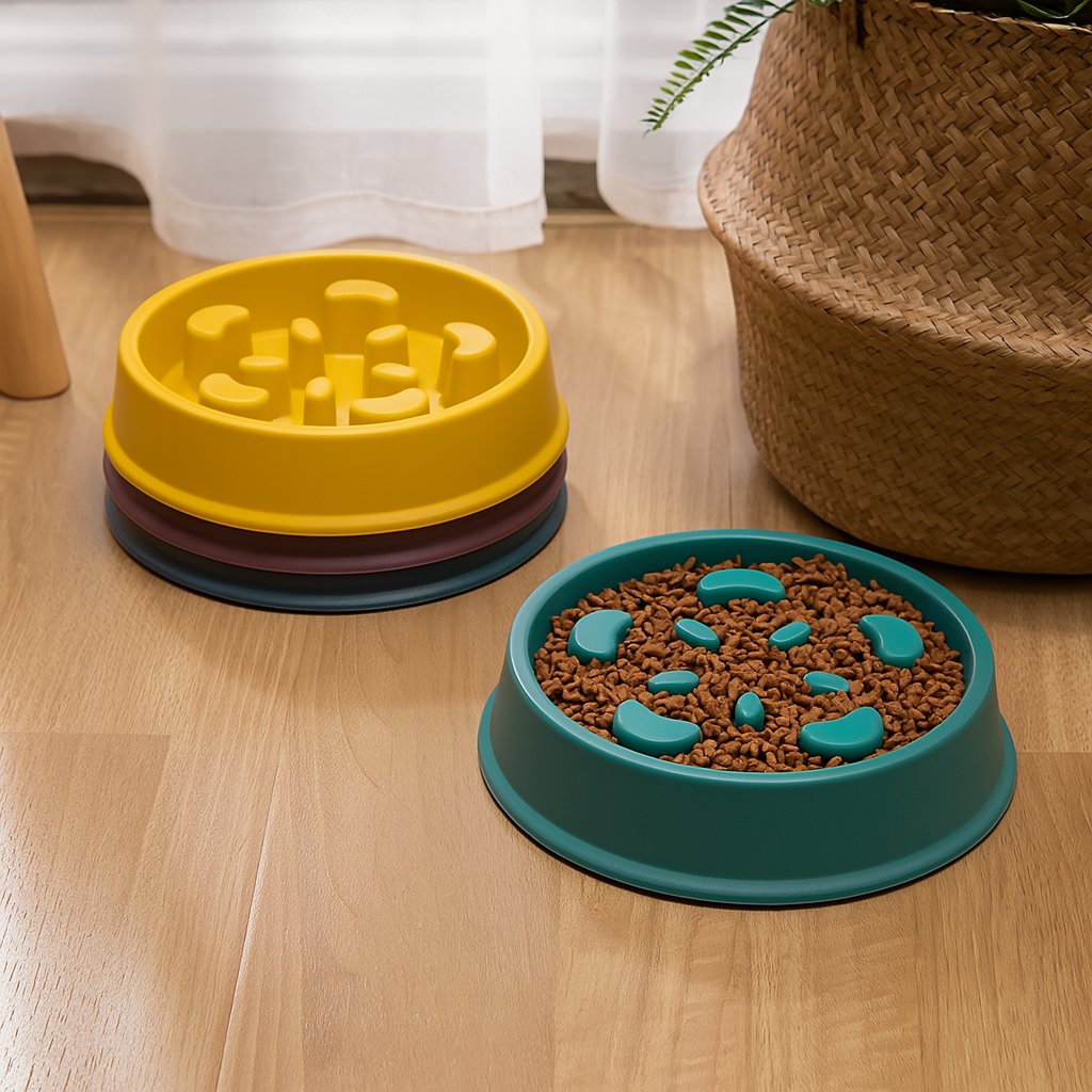 Gamelle anti-glouton pour chien de couleur vert posé sur un sol en bois. En fond il y a une plante verte. Image produit Boutiquechien