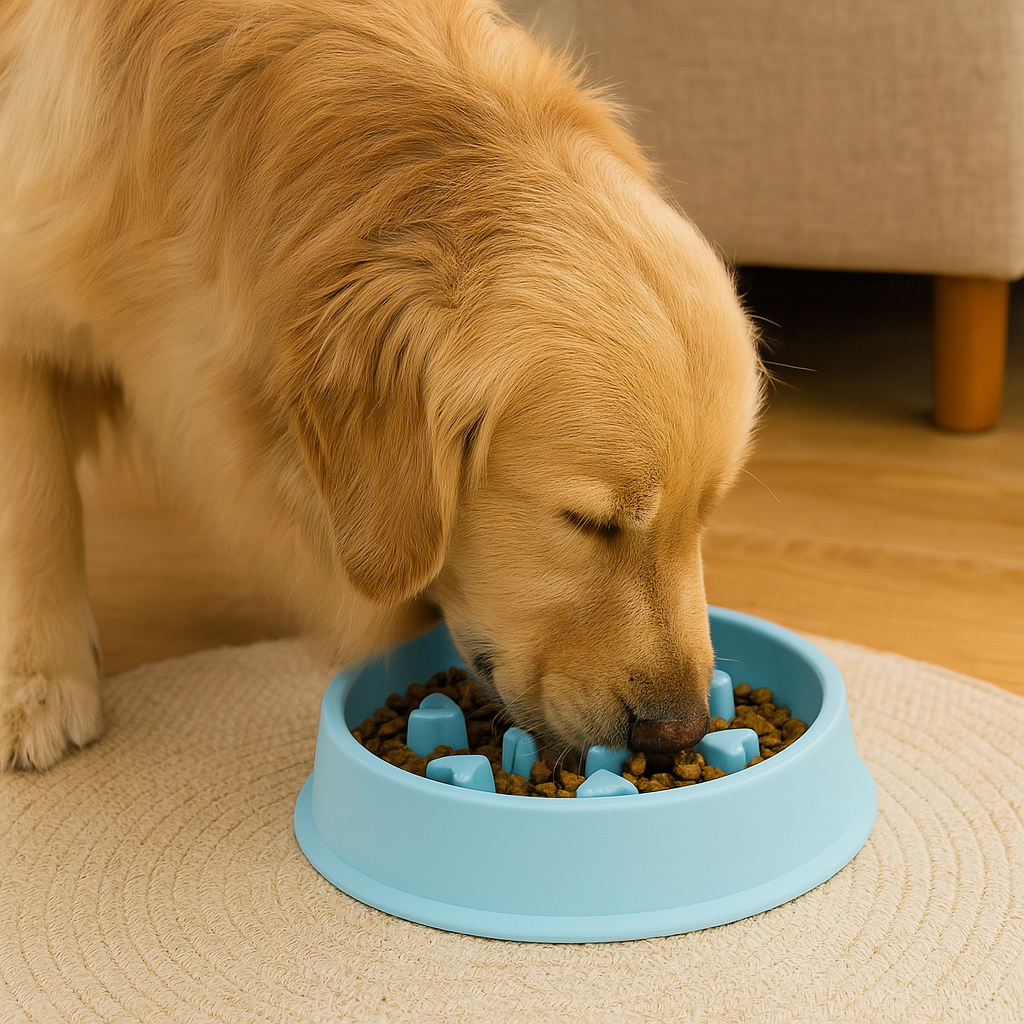 gros chien mangeant dans la gamelle pour chien anti glouton de couleur bleu. Le gros chien est de couleur brun avec en fond un canapé de couleur gris. Image produit Boutiquechien