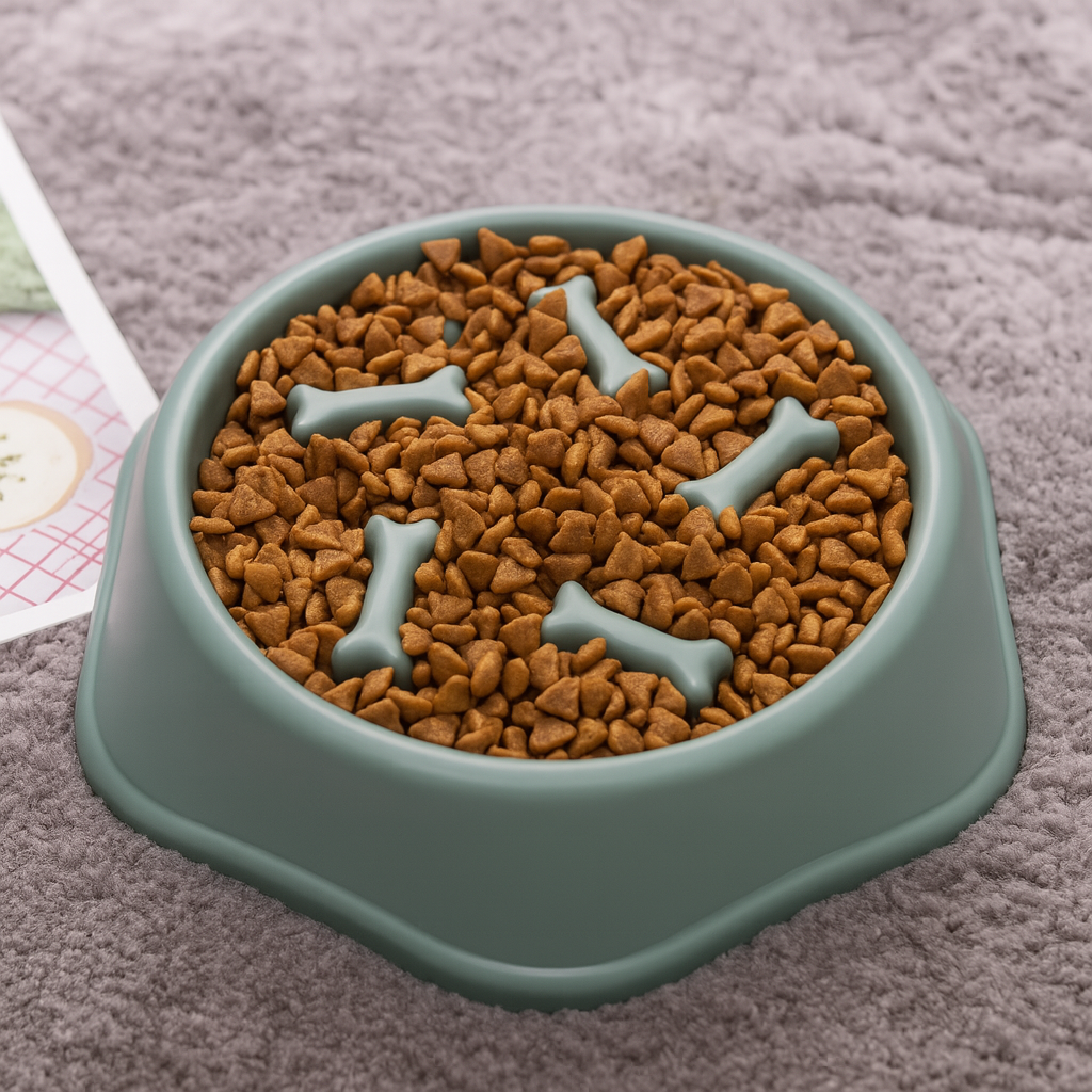 croquette dans la gamelle anti glouton pour chien de couleur vert de boutiquechien