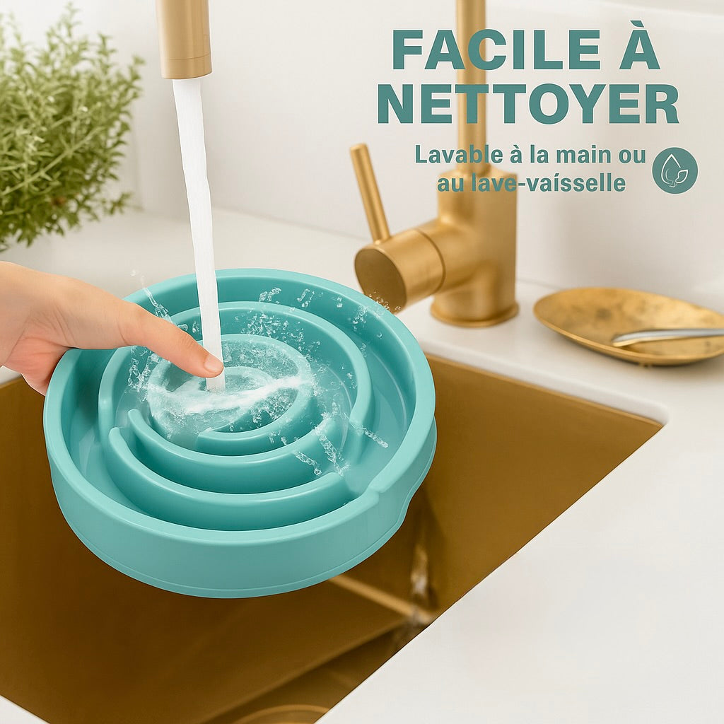 Gamelle anti glouton lavable avec faciliter de couleur bleu. La gamelle se fait laver dans un robinet de couleur or. Image produit Boutiquechien