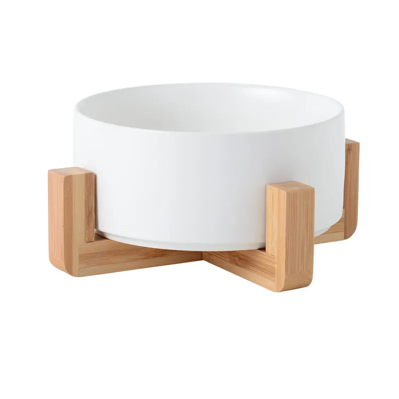 Gamelle en céramique blanc pour chien avec support en bois. Image produit Boutiquechien