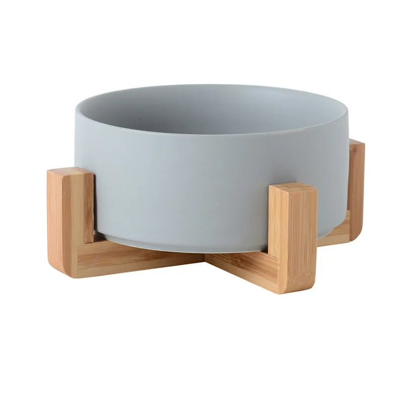 Gamelle en céramique gris pour chien avec support en bois. Image produit Boutiquechien
