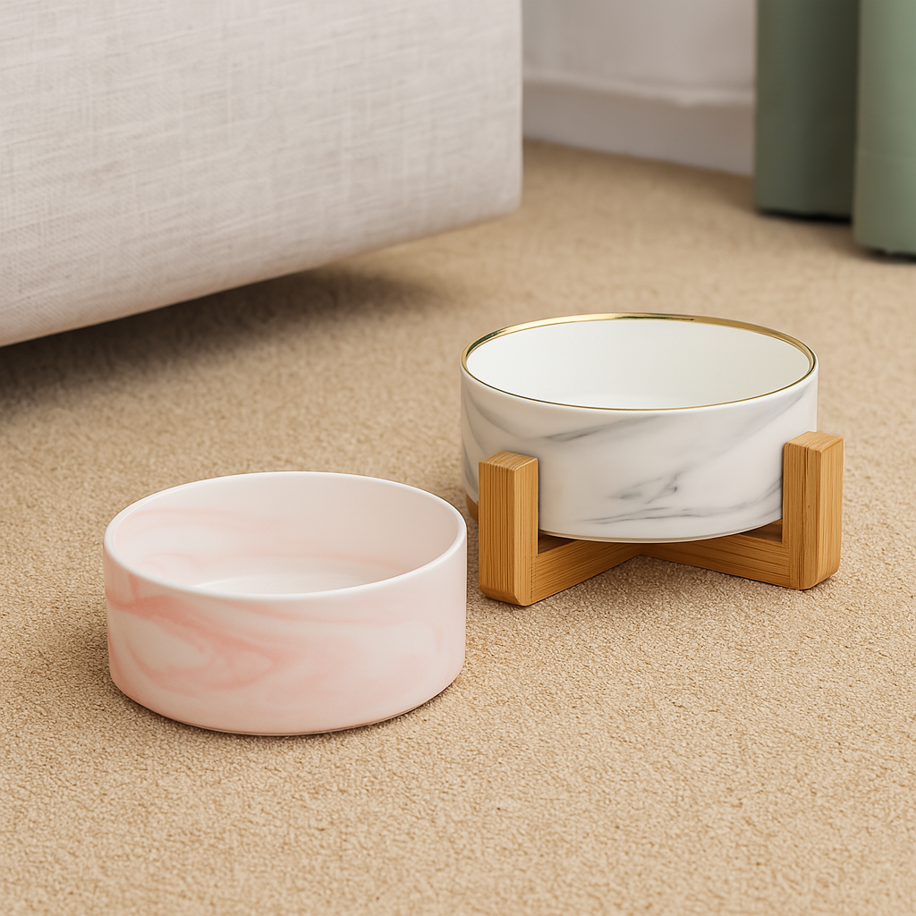 Gamelle chien design de couleur rose et gris avec liserait or et support bois. Image produit Boutiquechien
