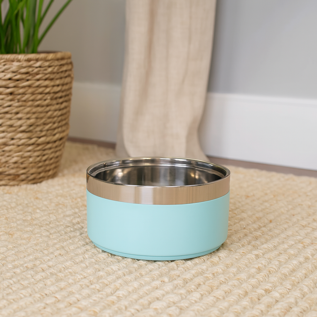 Gamelle chien en inox bleu anti-dérapante dans un fond claire. Le produit est posé sur un sol en osier avec en fond une plante verte dans un pot de fleur en osier. Image produit Boutiquechien